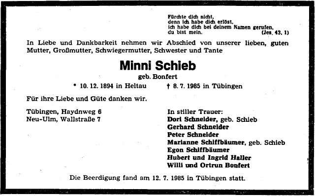 Bonfert Minni Schieb 1894-1985 Todesanzeige